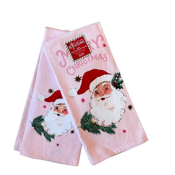 Set of 2  Pink Santa Christmas Kitchen Towels 18x28 Cotton Reto Holiday New - Picture 1 of 12